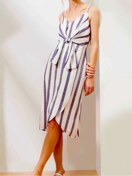Banana Republic Dresses & Skirts - Banana Republic White and Navy Striped Midi Dress with Front Tie 0